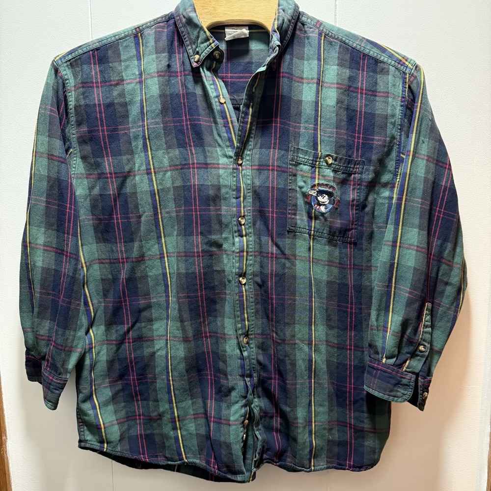 The Disney Store Mickey‎ Mouse Button Down Shirt Size XL Green Plaid Flannel